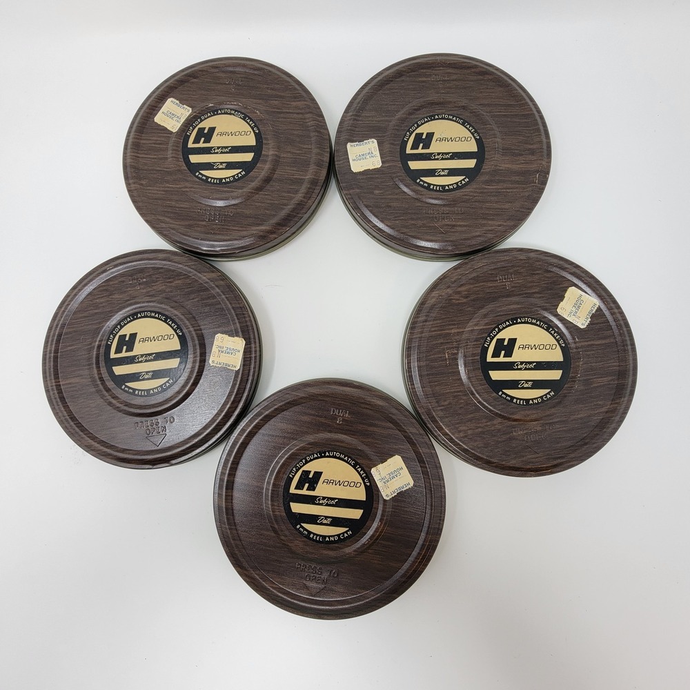 Lot of 5 Vintage Harwood 8mm Reels + Original Woodgrain Cans- Dual 8 - 200ft